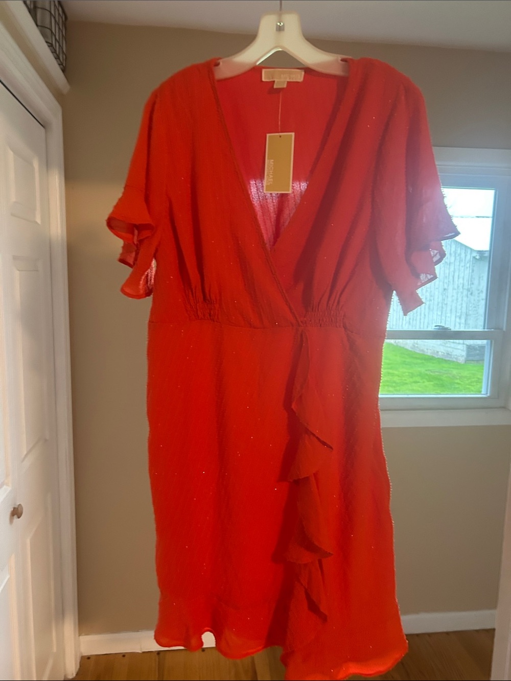 Michael Kors Red Wrap Midi Dress with Ruffle Detail